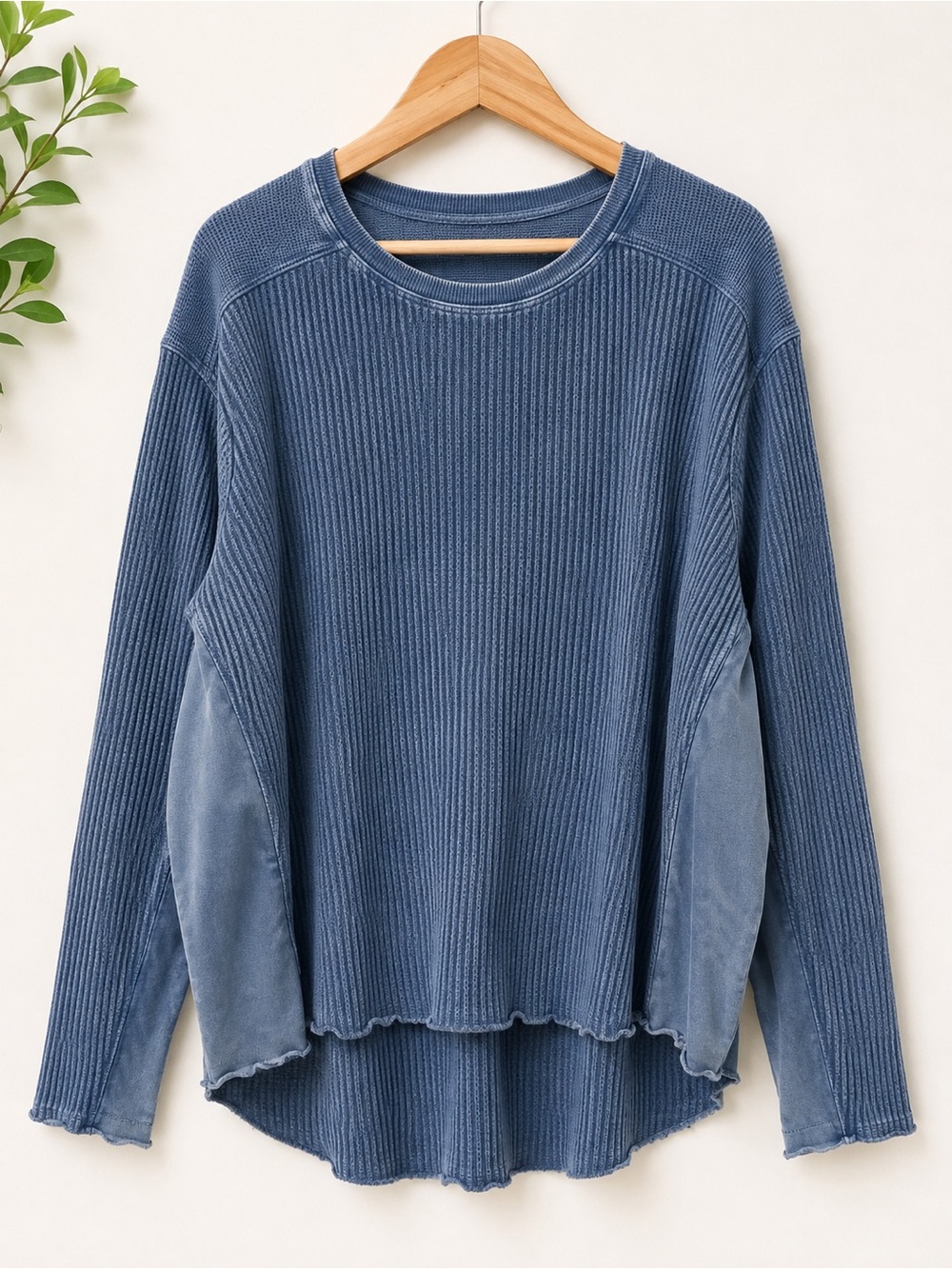 Washed Denim-Blue Ribbed Crewneck Sweater